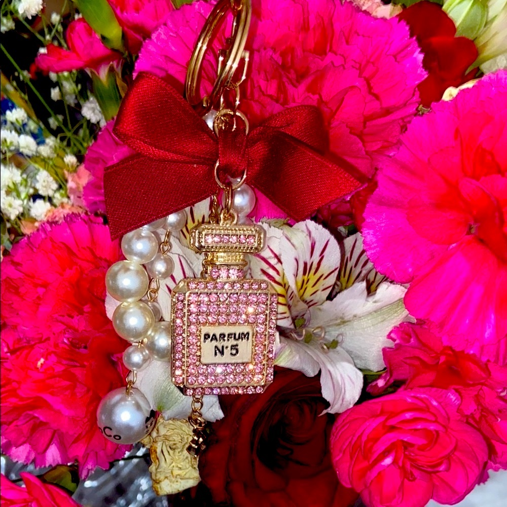 Pink Perfume Bottle Keychain/ bag charm with Bow 🎀